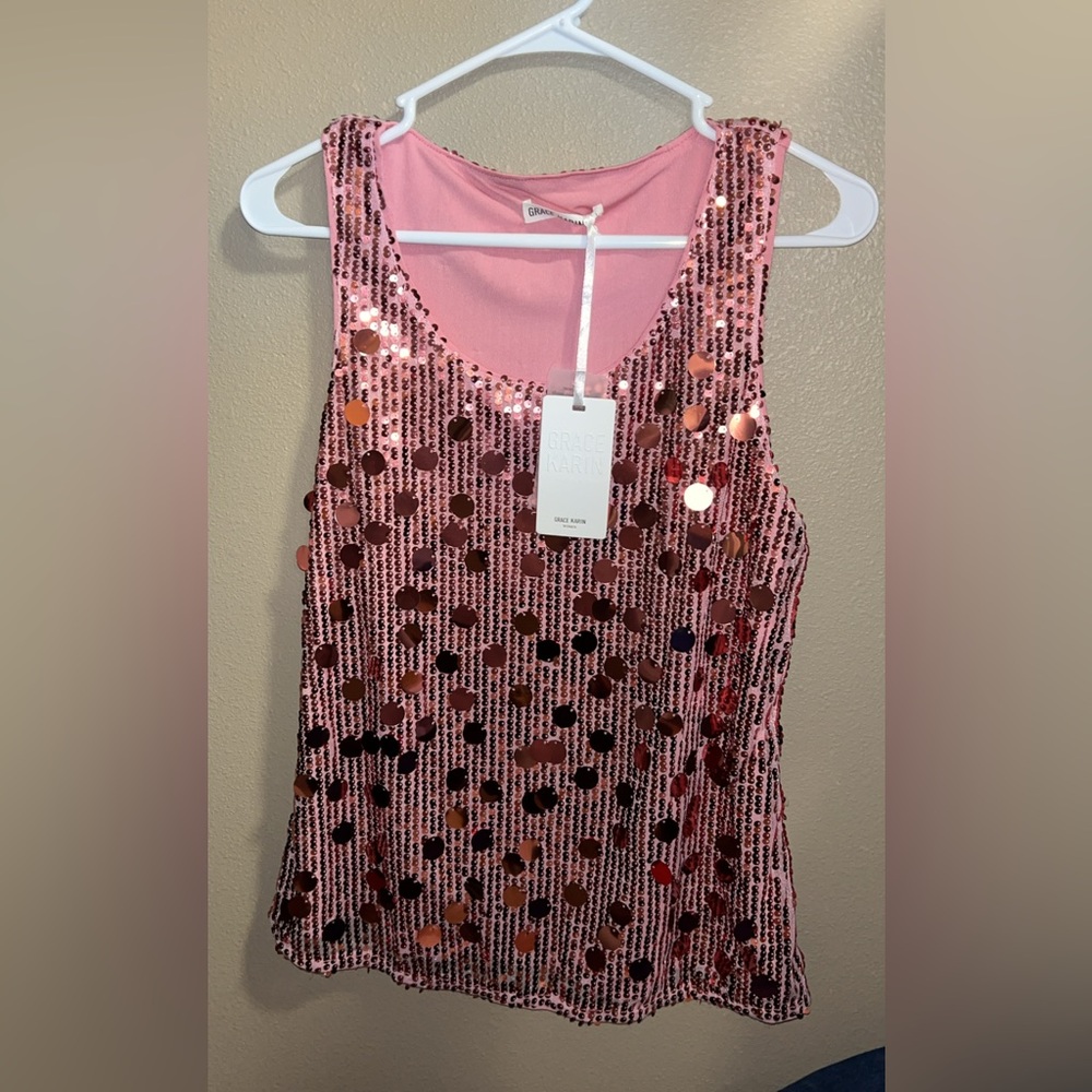 Grace Karin Pink Sequin Tank Top